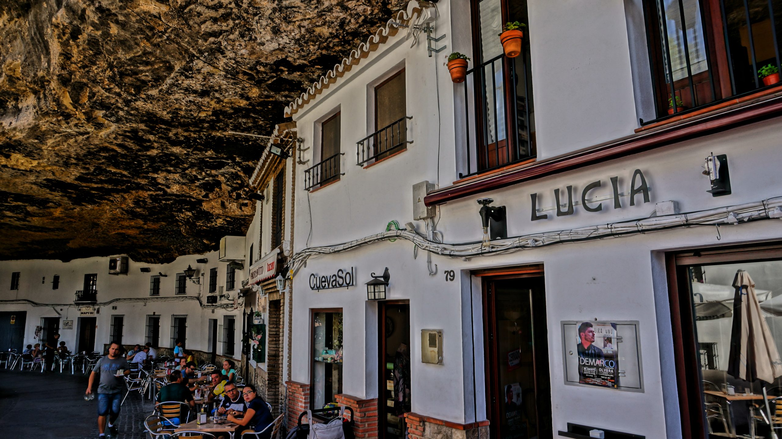 The little whitewashed village built into the rocks alongside the river; Enjoy your lunch under the rocks of Setenil de las Bodegas